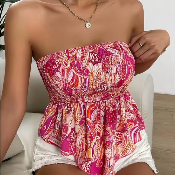 NEW Strapless Summer Top XL Pink Paisley Strapless Y2K Bohemian Ibiza Party - Picture 3 of 4